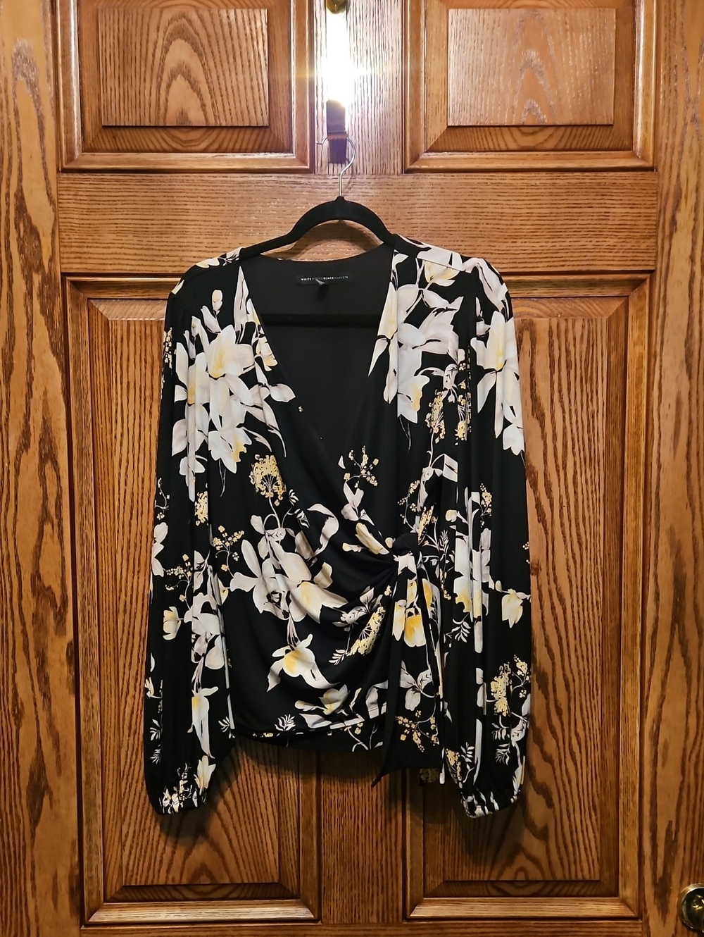 White House Black Market Black Floral Wrap Blouse with Cream and Yellow Accents